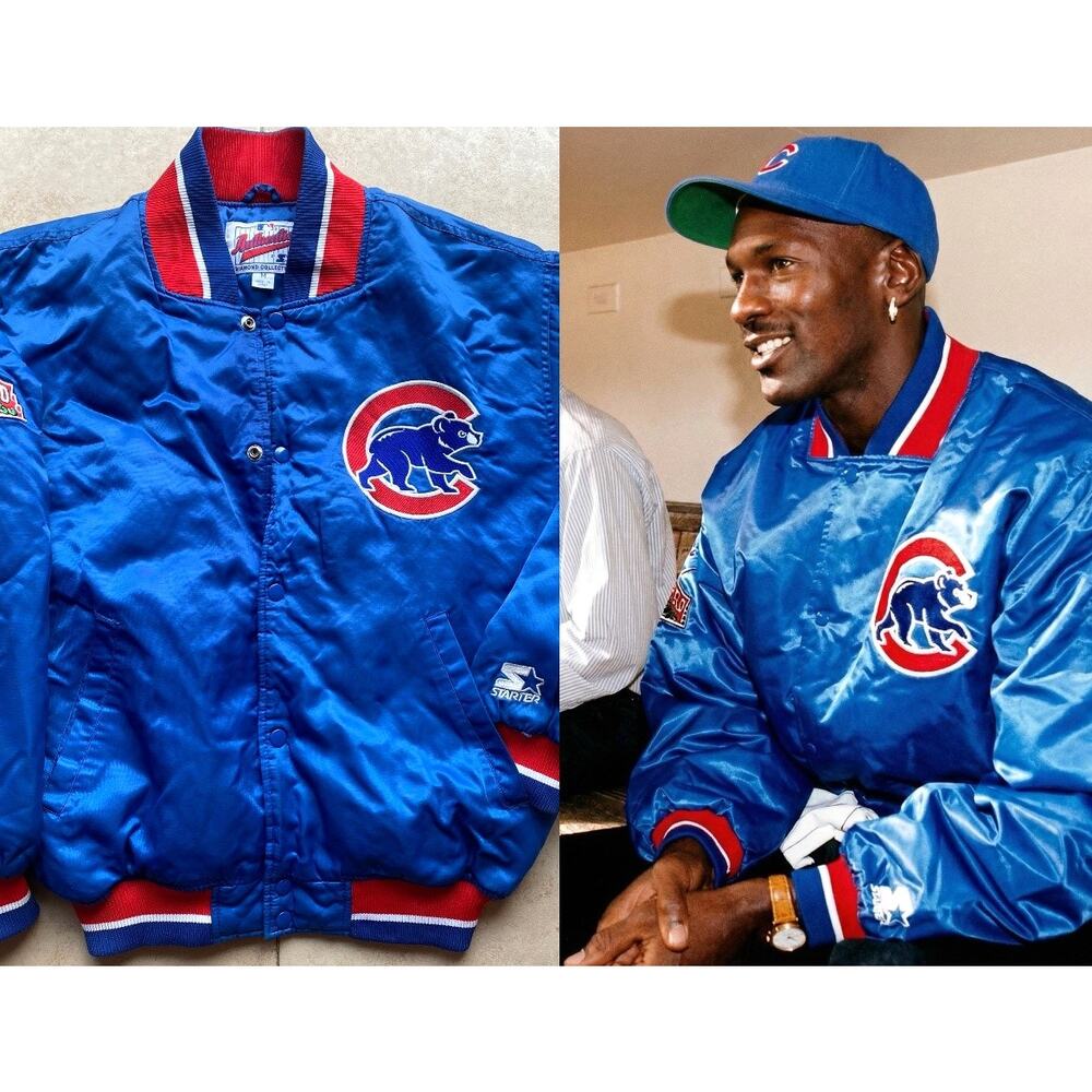 Chicago Cubs 90s STARTER satin bomber JORDAN WRIGLEY jacket M Authentic MLB vtg